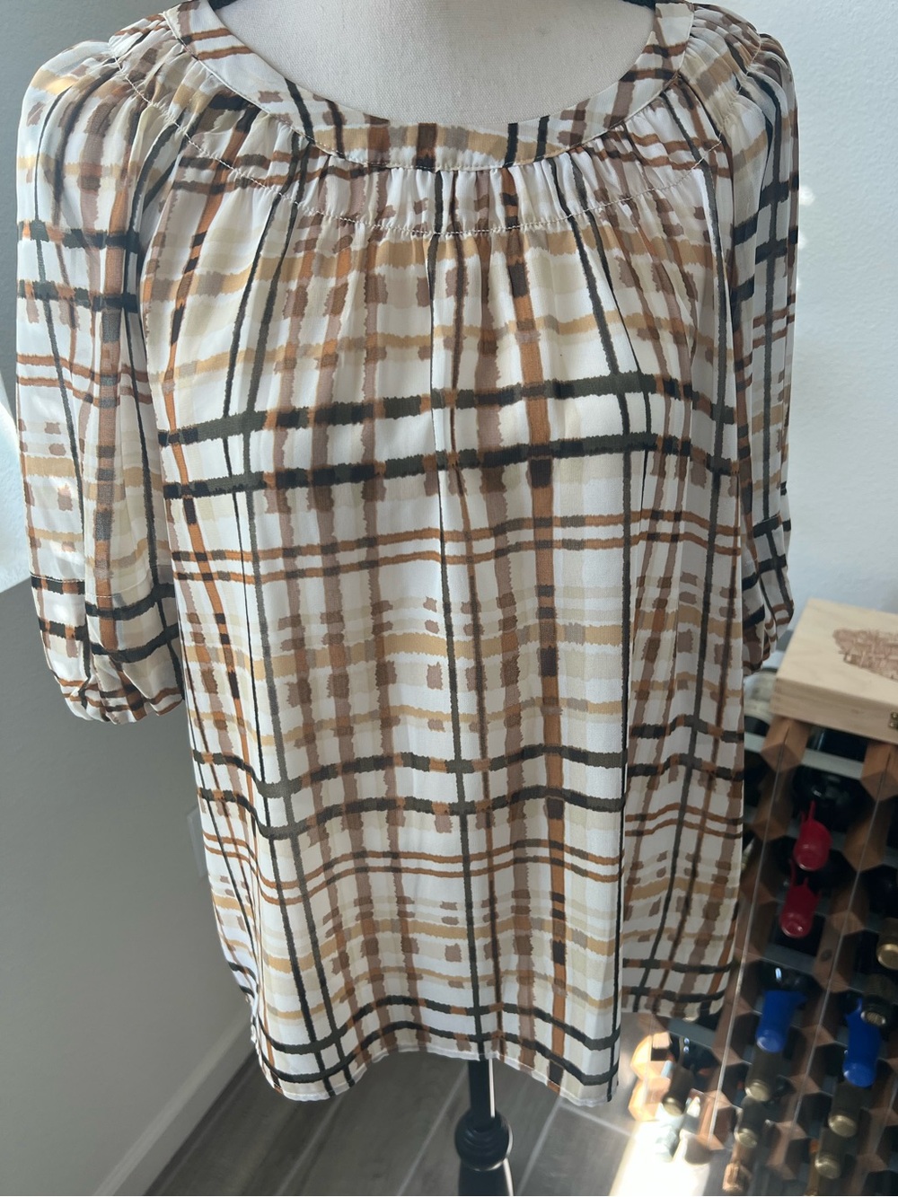 Calvin Klein - Lightweight Plaid Peasant Blouse in Cream and Brown.